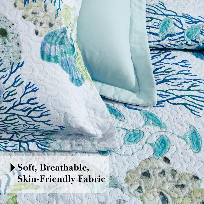 Tritard 3 Piece Coastal Beach Quilt Set Full/Queen Size Ocean Beach Themed Bedding Set Microfiber Lightweight Bedspread Coverlet with 2 Shams Starfish Coral Bed Covers for All Season  90''x96'' - Image 5